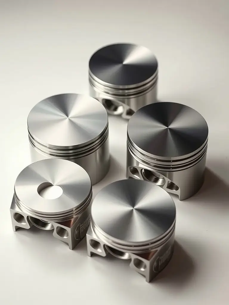 A high-performance piston set with a polished aluminum finish, designed for improved airflow and combustion efficiency, displayed on a clean workbench with precision tools in the background, emphasizing its durability and advanced engineering.