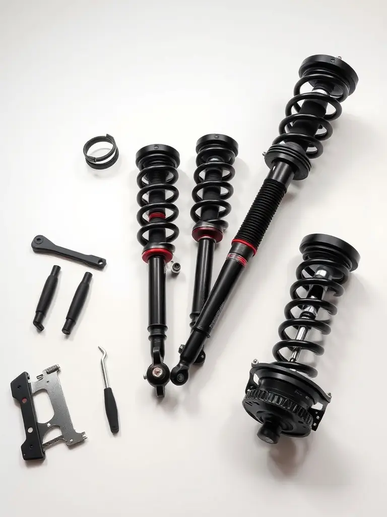 A shock absorber kit consisting of front and rear shock absorbers with a shiny chrome finish and black rubber boots, displayed on a garage floor with a car lift in the background, highlighting its robust construction and performance capabilities.